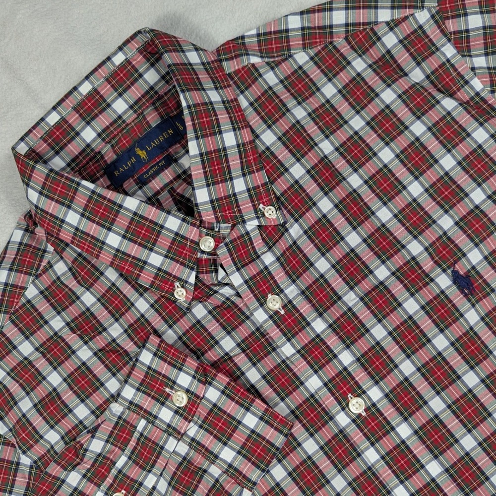 Polo Ralph Lauren Mens Classic Fit Plaid Button Down Shirt Red White Green Large